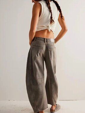 We The Free People Lucky You Mid Rise Barrel Jeans Archive Grey Boho 25 NWT $98